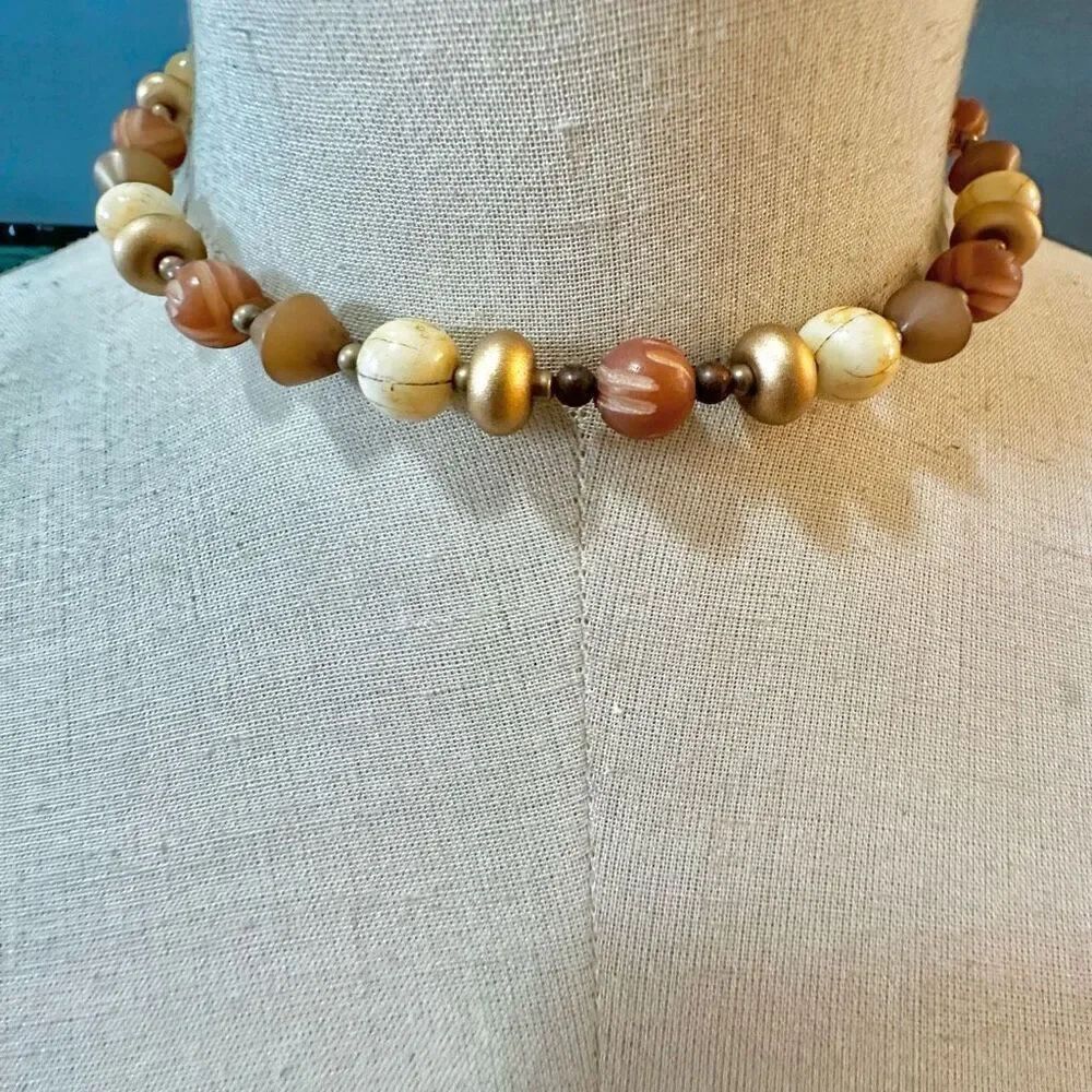 Gold tone orange yellow beaded choker wrap around necklace